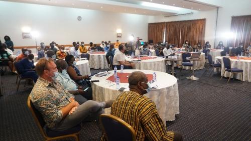 Overview of room with participants of national learning event in Ghana in 2021