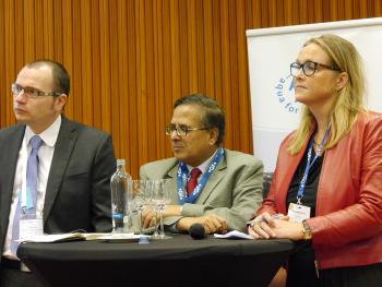 Left to right: Radu Ban (Bill and Melinda Gates Foundation), Babar Kabir (BRAC) and Bernadette Blom (Goodwell Investments), panelists at the workshop Making Sustainable Business out of Sanitation. Photo: Peter McIntyre