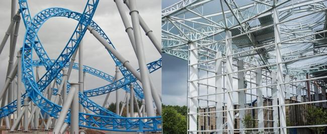 Kolommen Launch Roller Coaster (left) and the steel skeleton of the prize winning “Alliander” project, Duiven. Photo: CSM Steelworks