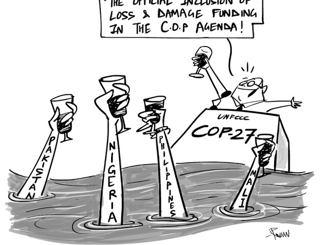 COP27 cartoon: Let's first raise a toast to the official inclusion of Loss & Damage funding 