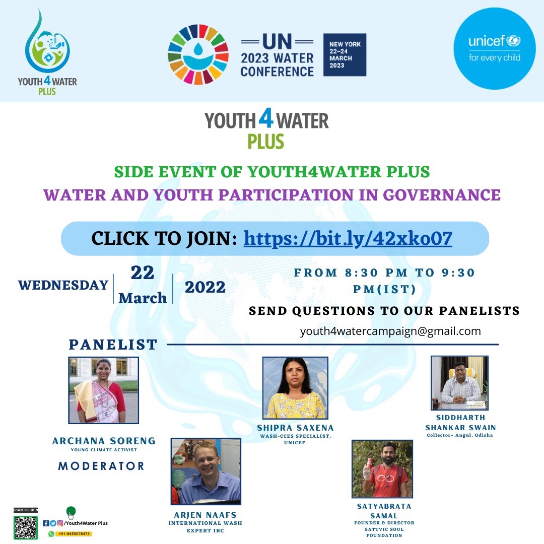 Poster of UNICEF &amp; Youth4WaterPlus UN Water Conference virtual side event on Water and Youth Participation in Governance